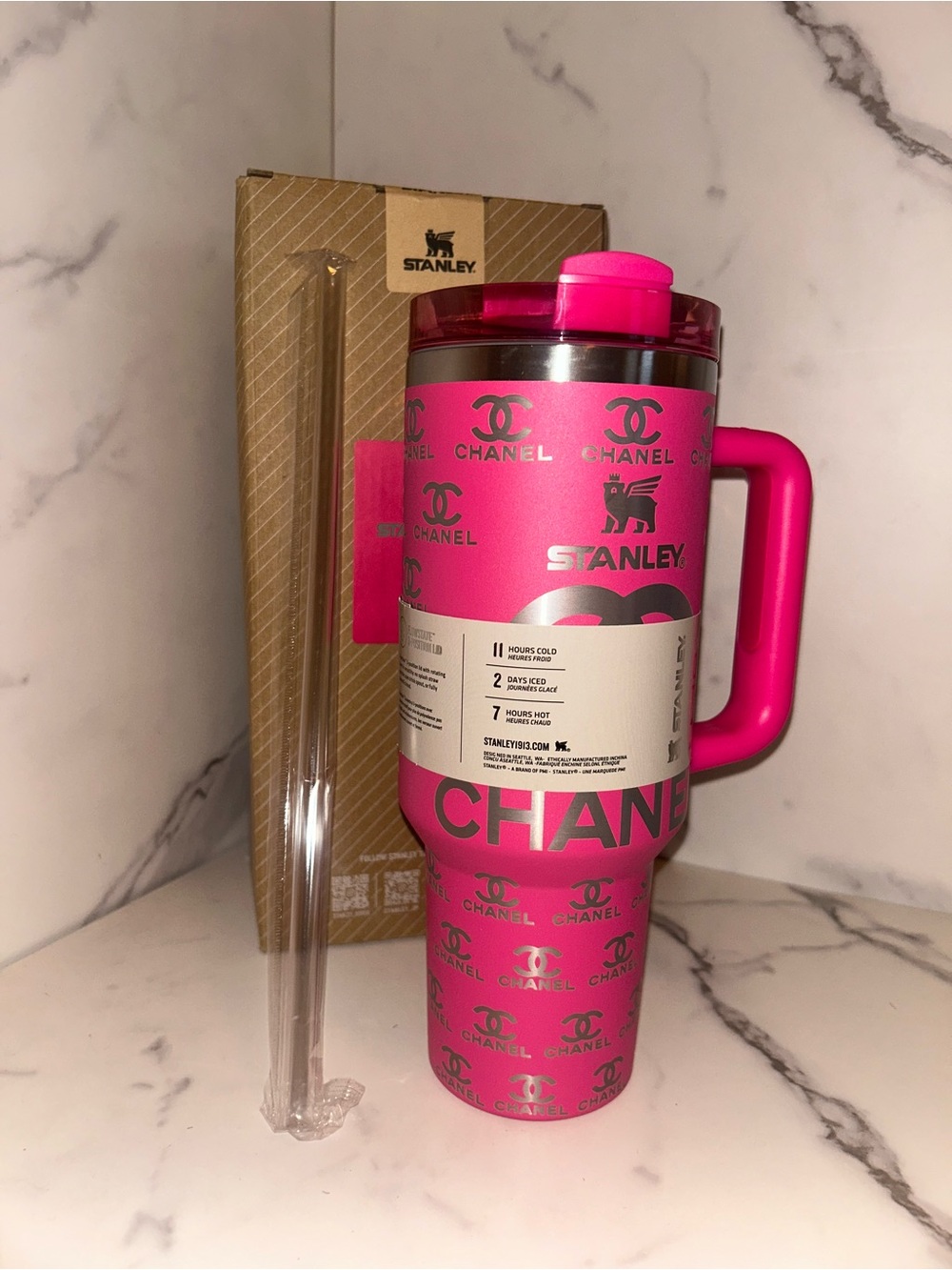 Stanley Pink Insulated Travel Tumbler with Handle and Straw